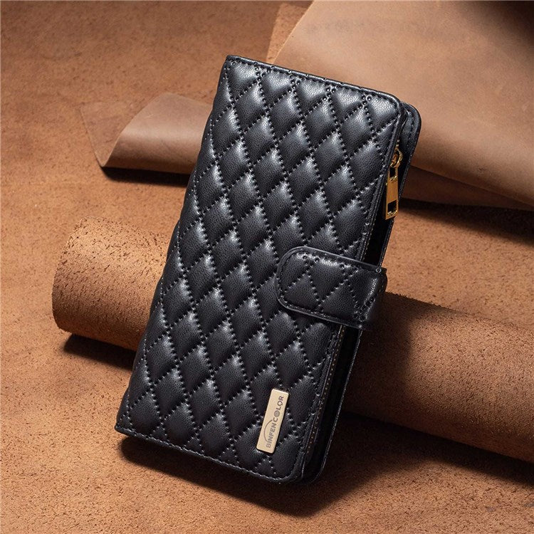 BINFEN COLOR BF Style-15 Phone Cover for vivo Y21 / Y21s / Y33s, Zipper Pocket Design Imprinted Rhombus Pattern Matte Anti-drop Cover PU Leather Wallet Folio Flip Mobile Phone Case - Black