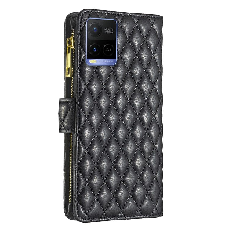BINFEN COLOR BF Style-15 Phone Cover for vivo Y21 / Y21s / Y33s, Zipper Pocket Design Imprinted Rhombus Pattern Matte Anti-drop Cover PU Leather Wallet Folio Flip Mobile Phone Case - Black