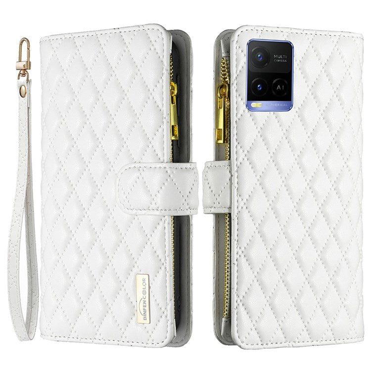 BINFEN COLOR BF Style-15 Phone Cover for vivo Y21 / Y21s / Y33s, Zipper Pocket Design Imprinted Rhombus Pattern Matte Anti-drop Cover PU Leather Wallet Folio Flip Mobile Phone Case - White