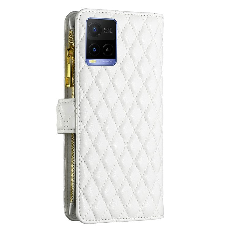 BINFEN COLOR BF Style-15 Phone Cover for vivo Y21 / Y21s / Y33s, Zipper Pocket Design Imprinted Rhombus Pattern Matte Anti-drop Cover PU Leather Wallet Folio Flip Mobile Phone Case - White