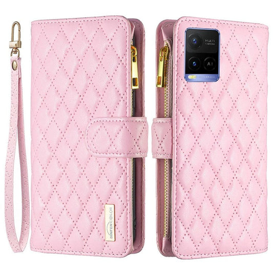 BINFEN COLOR BF Style-15 Phone Cover for vivo Y21 / Y21s / Y33s, Zipper Pocket Design Imprinted Rhombus Pattern Matte Anti-drop Cover PU Leather Wallet Folio Flip Mobile Phone Case - Pink