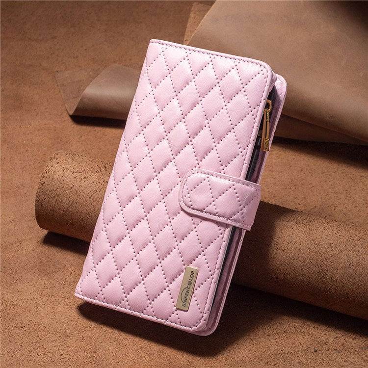 BINFEN COLOR BF Style-15 Phone Cover for vivo Y21 / Y21s / Y33s, Zipper Pocket Design Imprinted Rhombus Pattern Matte Anti-drop Cover PU Leather Wallet Folio Flip Mobile Phone Case - Pink