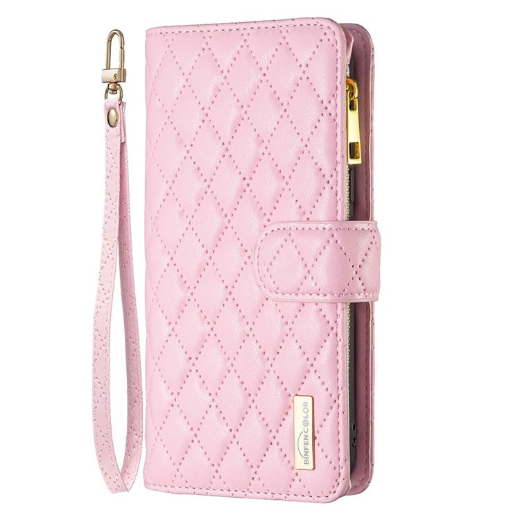 BINFEN COLOR BF Style-15 Phone Cover for vivo Y21 / Y21s / Y33s, Zipper Pocket Design Imprinted Rhombus Pattern Matte Anti-drop Cover PU Leather Wallet Folio Flip Mobile Phone Case - Pink
