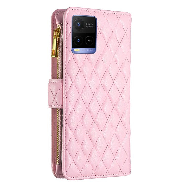 BINFEN COLOR BF Style-15 Phone Cover for vivo Y21 / Y21s / Y33s, Zipper Pocket Design Imprinted Rhombus Pattern Matte Anti-drop Cover PU Leather Wallet Folio Flip Mobile Phone Case - Pink