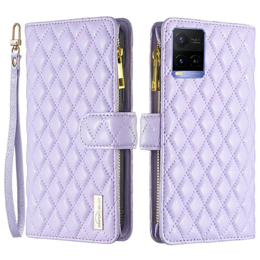 BINFEN COLOR BF Style-15 Phone Cover for vivo Y21 / Y21s / Y33s, Zipper Pocket Design Imprinted Rhombus Pattern Matte Anti-drop Cover PU Leather Wallet Folio Flip Mobile Phone Case - Purple