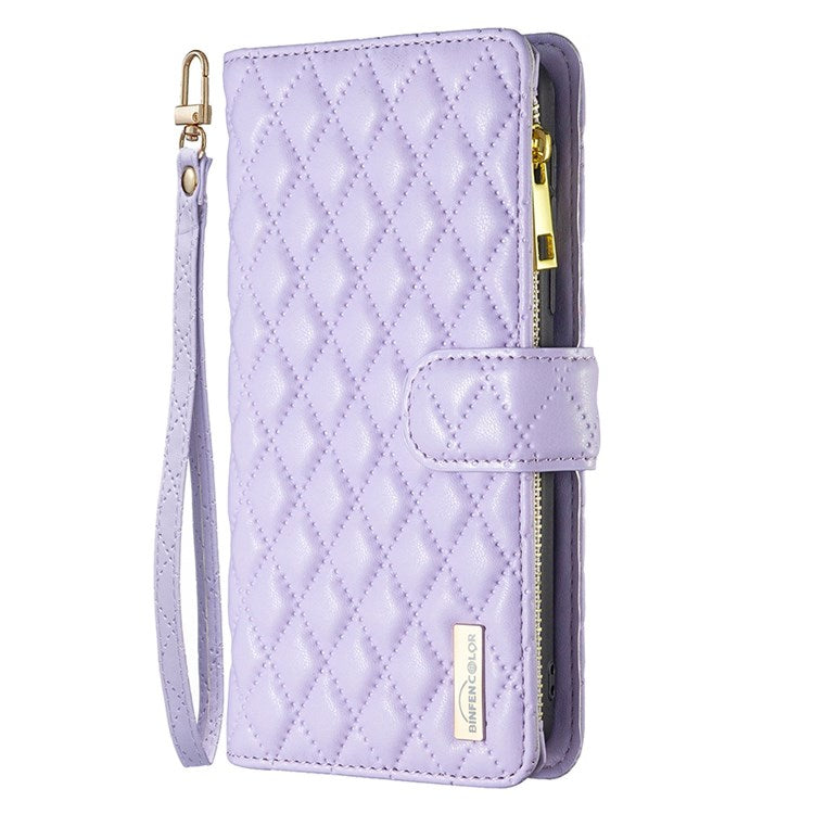 BINFEN COLOR BF Style-15 Phone Cover for vivo Y21 / Y21s / Y33s, Zipper Pocket Design Imprinted Rhombus Pattern Matte Anti-drop Cover PU Leather Wallet Folio Flip Mobile Phone Case - Purple