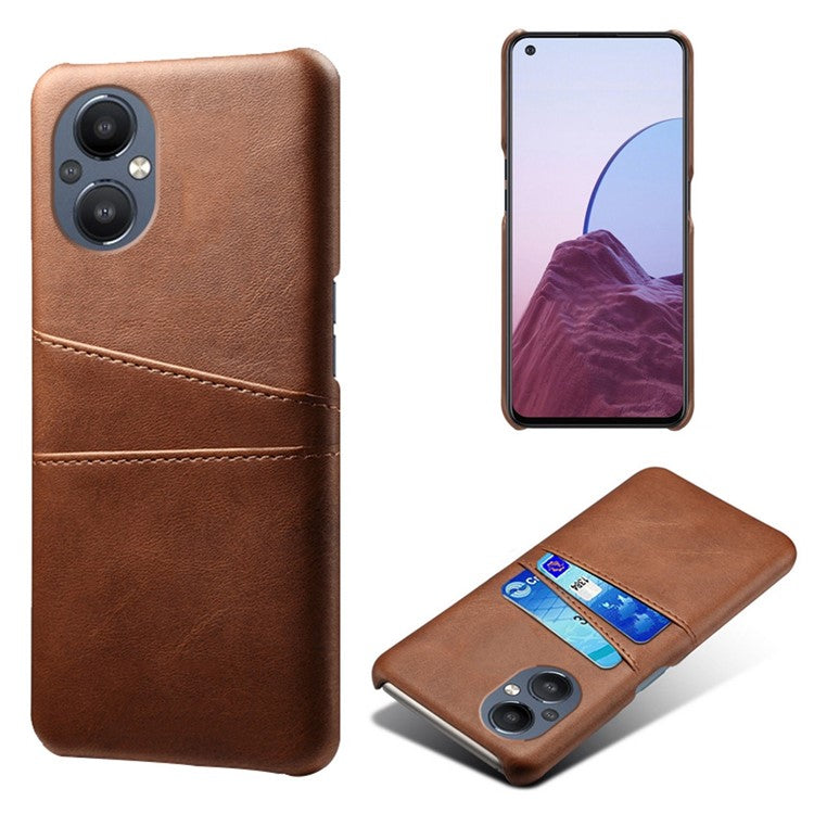 PU Leather Coated Hard PC Case for Oppo Reno8 Lite 5G, Dual Card Slots Well-protected Phone Cover - Brown