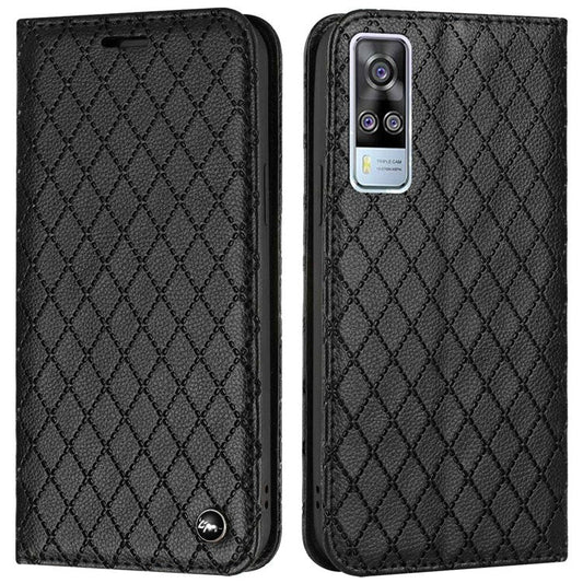 For vivo Y51s / Y51a / Y51 (2020, December) Anti-fall Rhombus Pattern Phone Flip Leather Wallet Case Litchi Texture Wear-resistant Cover with Stand - Black