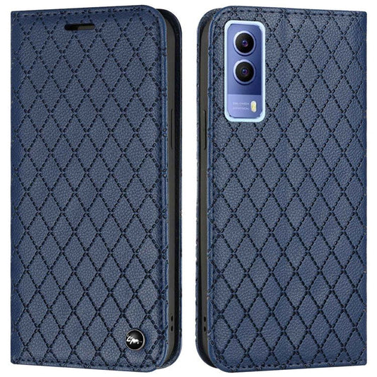 For vivo Y72 5G / iQOO Z3 5G / Y53s / Y52 5G Litchi Texture Anti-drop Phone Cover with Rhombus Pattern Full Protection Flip Leather Wallet Case Stand - Blue