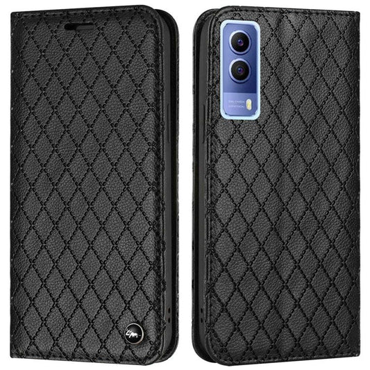 For vivo Y72 5G / iQOO Z3 5G / Y53s / Y52 5G Litchi Texture Anti-drop Phone Cover with Rhombus Pattern Full Protection Flip Leather Wallet Case Stand - Black