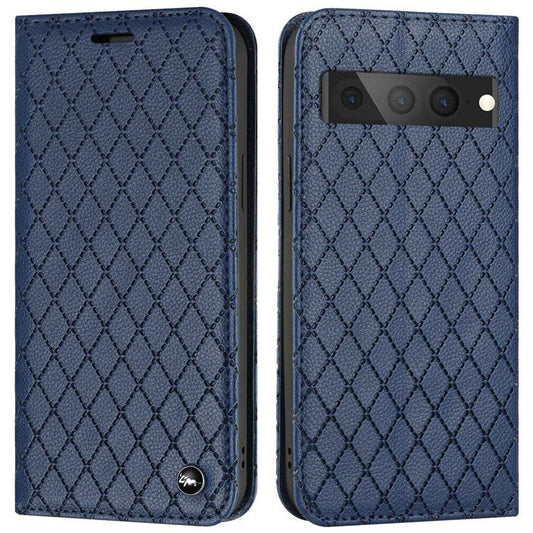 Litchi Texture Protective Case for Google Pixel 7 Pro Shockproof Folio Flip Cover with Wallet Rhombus Pattern Embossed PU Leather Stand Case RFID Blocking Phone Cover - Blue