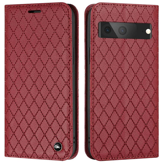 Litchi Texture Wallet Case for Google Pixel 7 5G Folio Flip Protective Cover Rhombus Pattern Embossed PU Leather Stand Case RFID Blocking Phone Cover - Red