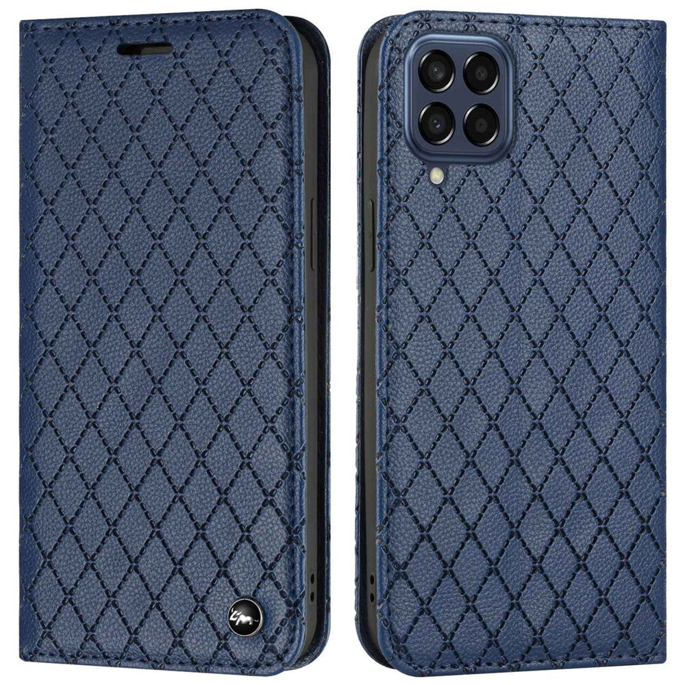 RFID Blocking PU Leather Cover for Samsung Galaxy M53 5G, Litchi Texture Flip Stand Wallet Phone Case Magnetic Adsorption Rhombus Embossing Protective Cover - Blue