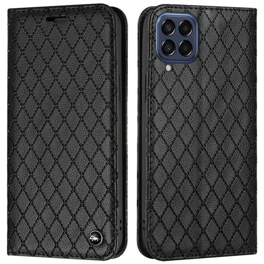 RFID Blocking PU Leather Cover for Samsung Galaxy M53 5G, Litchi Texture Flip Stand Wallet Phone Case Magnetic Adsorption Rhombus Embossing Protective Cover - Black