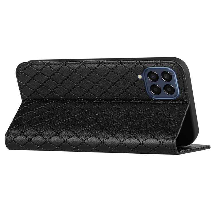 RFID Blocking PU Leather Cover for Samsung Galaxy M53 5G, Litchi Texture Flip Stand Wallet Phone Case Magnetic Adsorption Rhombus Embossing Protective Cover - Black