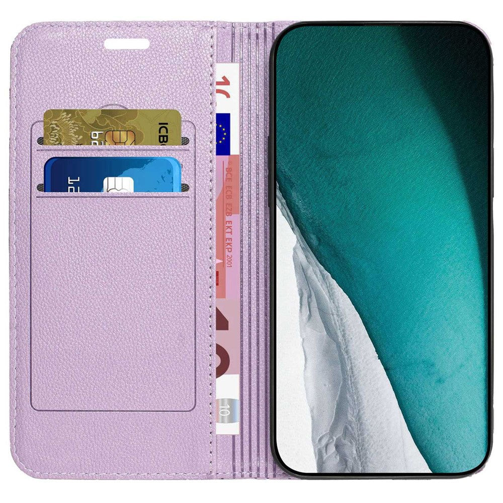 RFID Blocking PU Leather Cover for Samsung Galaxy M53 5G, Litchi Texture Flip Stand Wallet Phone Case Magnetic Adsorption Rhombus Embossing Protective Cover - Purple