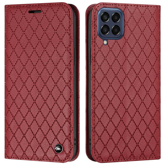 RFID Blocking Phone Protective Case for Samsung Galaxy M33 5G (Global Version), Rhombus Embossing Magnetic Auto-closing Litchi Texture PU Leather Stand Wallet Cover - Red