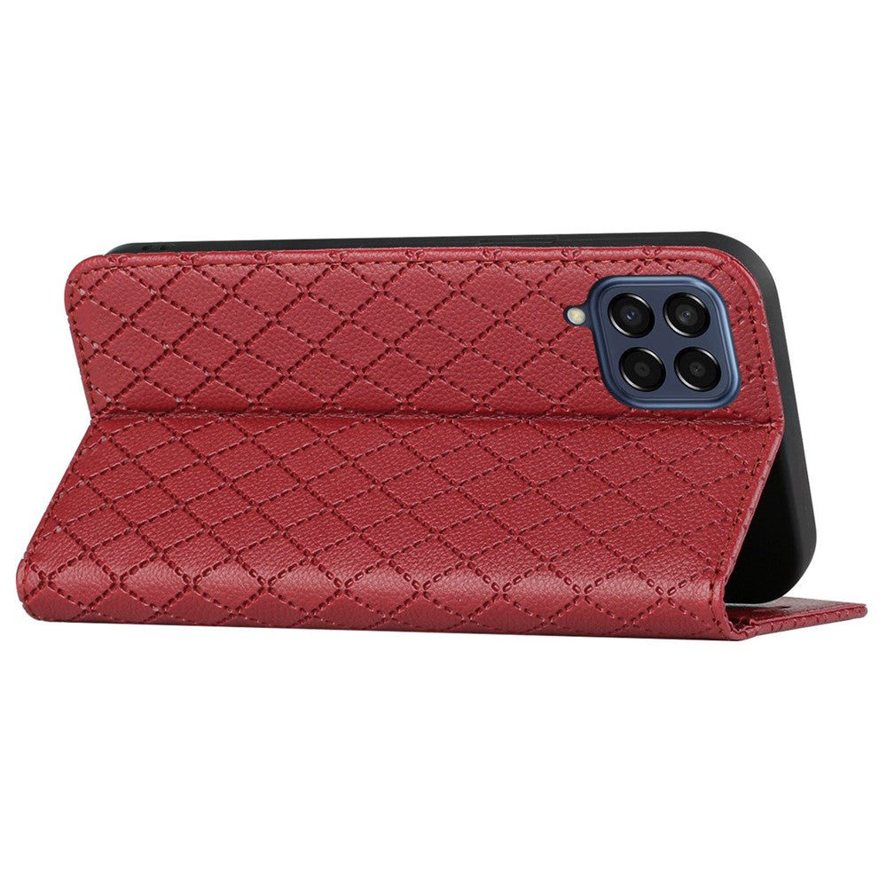 RFID Blocking Phone Protective Case for Samsung Galaxy M33 5G (Global Version), Rhombus Embossing Magnetic Auto-closing Litchi Texture PU Leather Stand Wallet Cover - Red