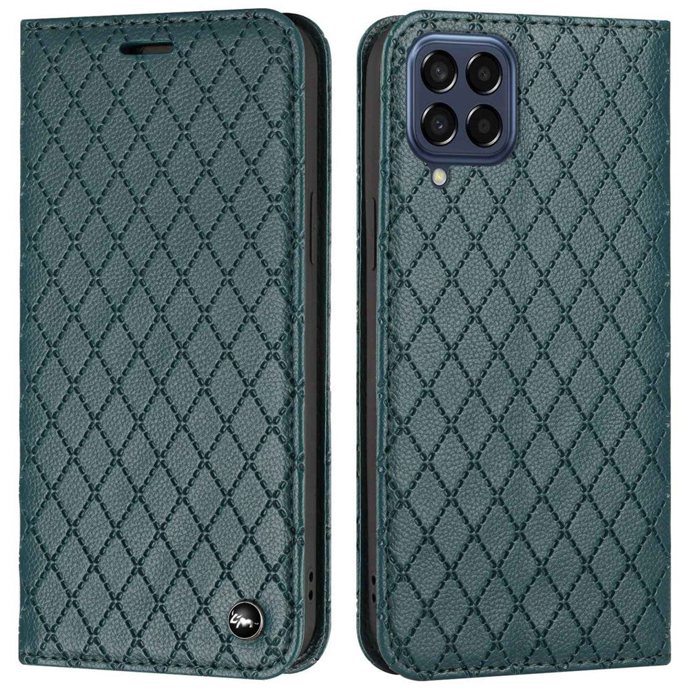 RFID Blocking Phone Protective Case for Samsung Galaxy M33 5G (Global Version), Rhombus Embossing Magnetic Auto-closing Litchi Texture PU Leather Stand Wallet Cover - Green