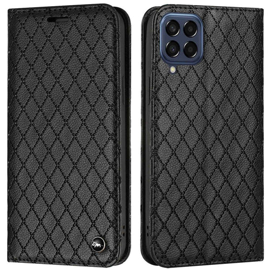 RFID Blocking Phone Protective Case for Samsung Galaxy M33 5G (Global Version), Rhombus Embossing Magnetic Auto-closing Litchi Texture PU Leather Stand Wallet Cover - Black