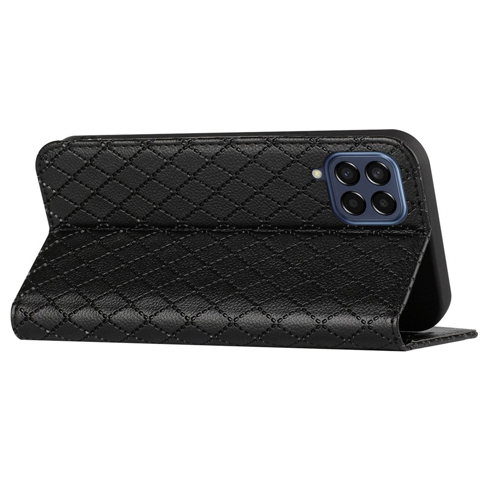 RFID Blocking Phone Protective Case for Samsung Galaxy M33 5G (Global Version), Rhombus Embossing Magnetic Auto-closing Litchi Texture PU Leather Stand Wallet Cover - Black