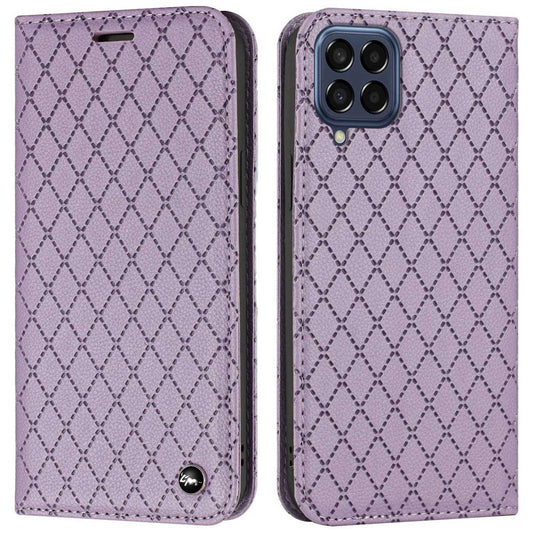 RFID Blocking Phone Protective Case for Samsung Galaxy M33 5G (Global Version), Rhombus Embossing Magnetic Auto-closing Litchi Texture PU Leather Stand Wallet Cover - Purple