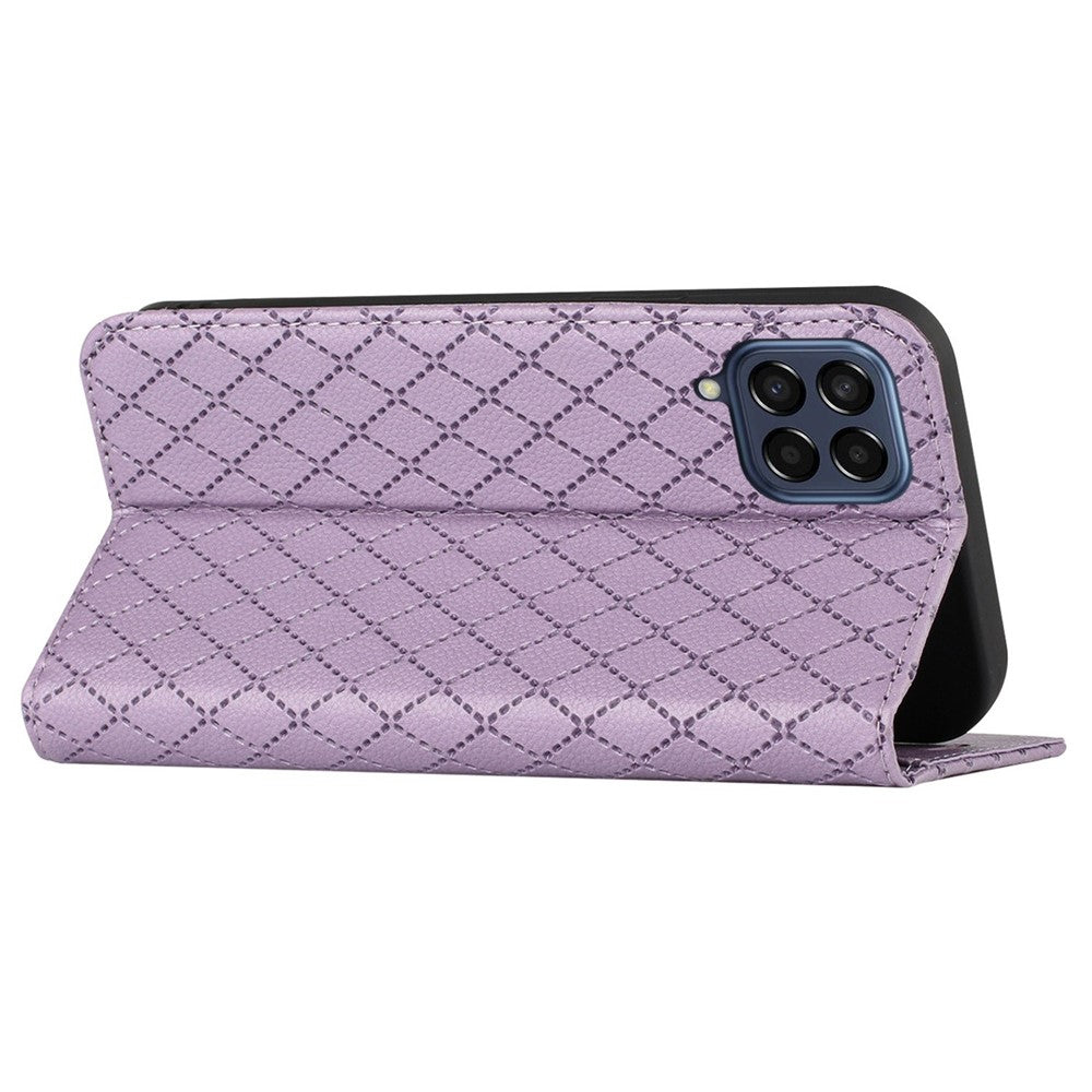 RFID Blocking Phone Protective Case for Samsung Galaxy M33 5G (Global Version), Rhombus Embossing Magnetic Auto-closing Litchi Texture PU Leather Stand Wallet Cover - Purple