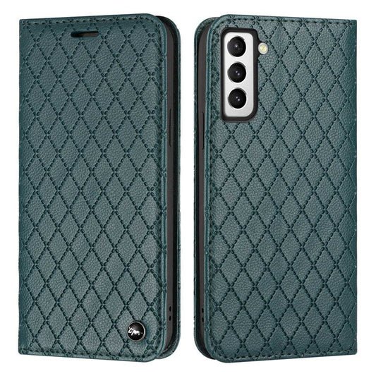 For Samsung Galaxy S22+ 5G RFID Blocking PU Leather Flip Stand Anti-drop Cover Rhombus Embossing Litchi Texture Phone Wallet Case - Green