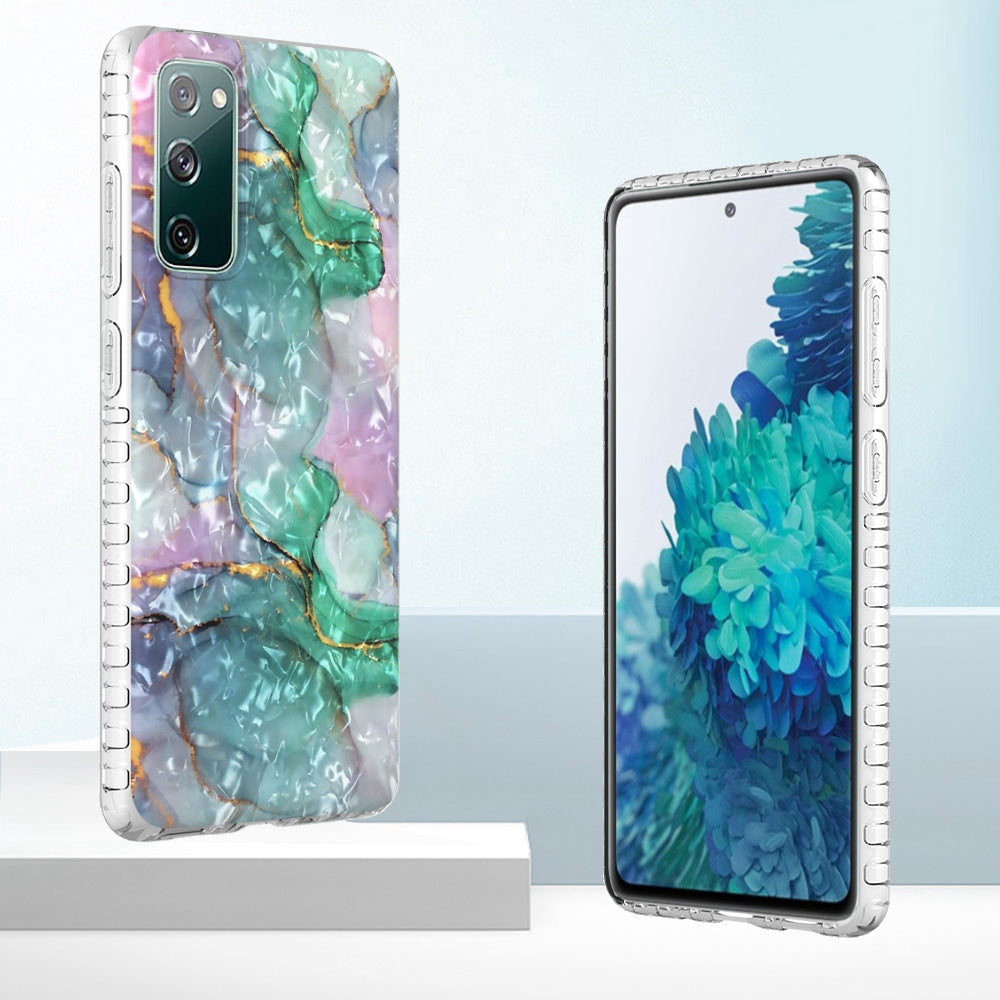 YB IMD Series-13 for Samsung Galaxy S20 FE / S20 FE 5G / S20 FE 2022 / S20 Lite 2.0mm TPU Phone Case IMD IML Shell Pattern Airbag Protective Cover - BK011-Green Marble