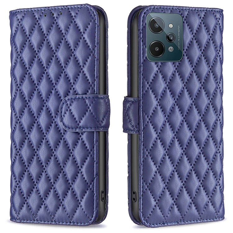 BINFEN COLOR For Realme C31 BF Style-14 Imprinting Rhombus Pattern PU Leather Cover Matte Stand Wallet Inner TPU Phone Case - Blue