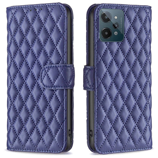 BINFEN COLOR For Realme C31 BF Style-14 Imprinting Rhombus Pattern PU Leather Cover Matte Stand Wallet Inner TPU Phone Case - Blue