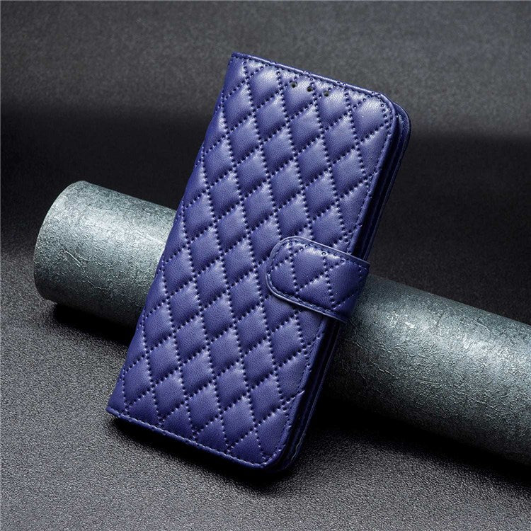 BINFEN COLOR For Realme C31 BF Style-14 Imprinting Rhombus Pattern PU Leather Cover Matte Stand Wallet Inner TPU Phone Case - Blue
