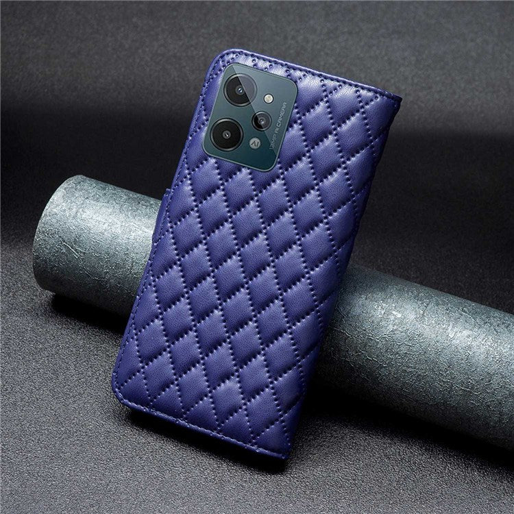 BINFEN COLOR For Realme C31 BF Style-14 Imprinting Rhombus Pattern PU Leather Cover Matte Stand Wallet Inner TPU Phone Case - Blue