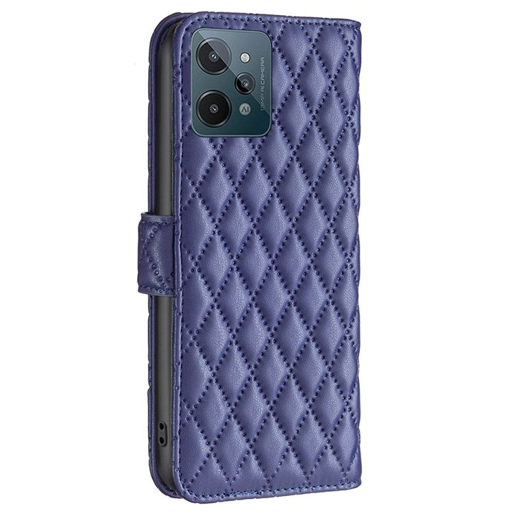 BINFEN COLOR For Realme C31 BF Style-14 Imprinting Rhombus Pattern PU Leather Cover Matte Stand Wallet Inner TPU Phone Case - Blue
