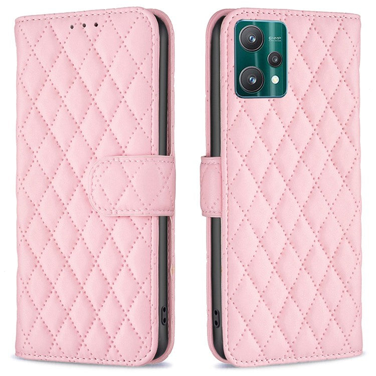 BINFEN COLOR For Realme 9 Pro 5G / 9 5G / V25 BF Style-14 Matte PU Leather Phone Case Imprinting Rhombus Pattern Folio Flip Protective Cover with Stand Wallet - Pink