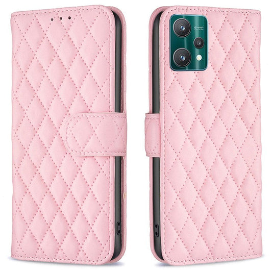 BINFEN COLOR For Realme 9 Pro 5G / 9 5G / V25 BF Style-14 Matte PU Leather Phone Case Imprinting Rhombus Pattern Folio Flip Protective Cover with Stand Wallet - Pink