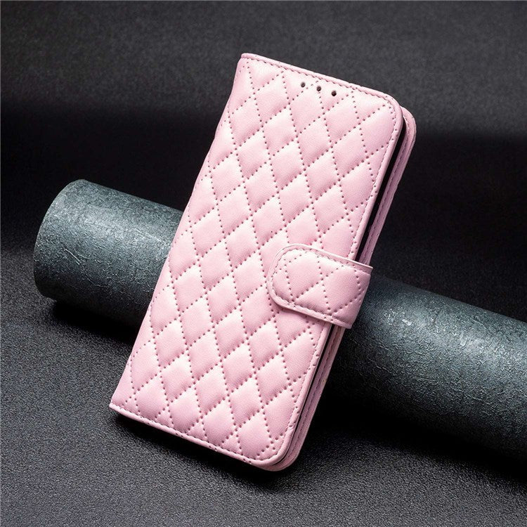 BINFEN COLOR For Realme 9 Pro 5G / 9 5G / V25 BF Style-14 Matte PU Leather Phone Case Imprinting Rhombus Pattern Folio Flip Protective Cover with Stand Wallet - Pink