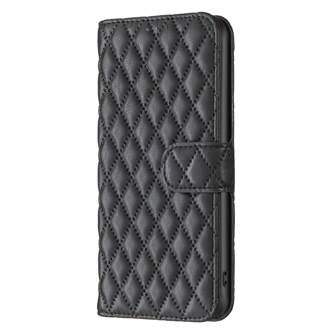BINFEN COLOR For Samsung Galaxy S20 FE 4G / FE 5G / S20 Lite / S20 FE 2022 BF Style-14 Imprinted Rhombus Pattern PU Leather Wallet Cover Book Style Matte Phone Stand Case - Black