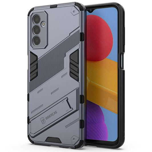 For Samsung Galaxy M13 4G Kickstand Protective Phone Case Drop-Proof Hard PC Soft TPU Hybrid Cover - Grey