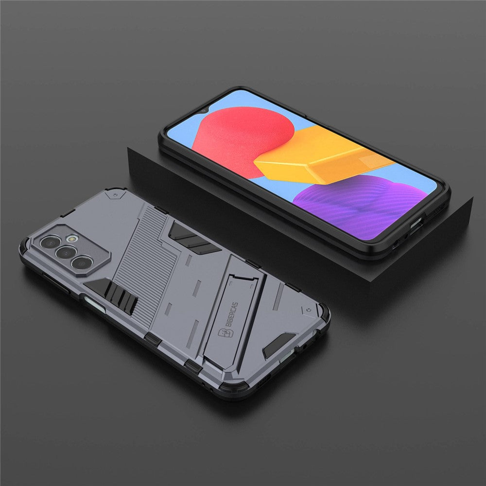 For Samsung Galaxy M13 4G Kickstand Protective Phone Case Drop-Proof Hard PC Soft TPU Hybrid Cover - Grey