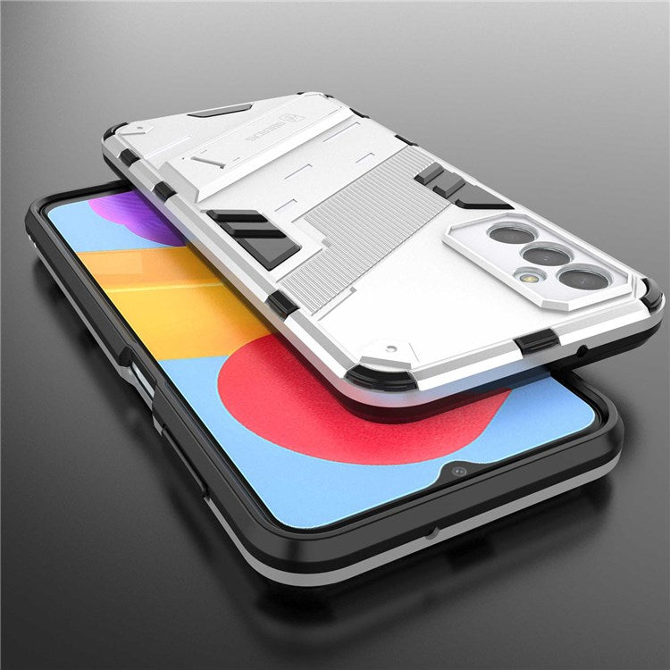 For Samsung Galaxy M13 4G Kickstand Protective Phone Case Drop-proof Hard PC Soft TPU Hybrid Cover - White