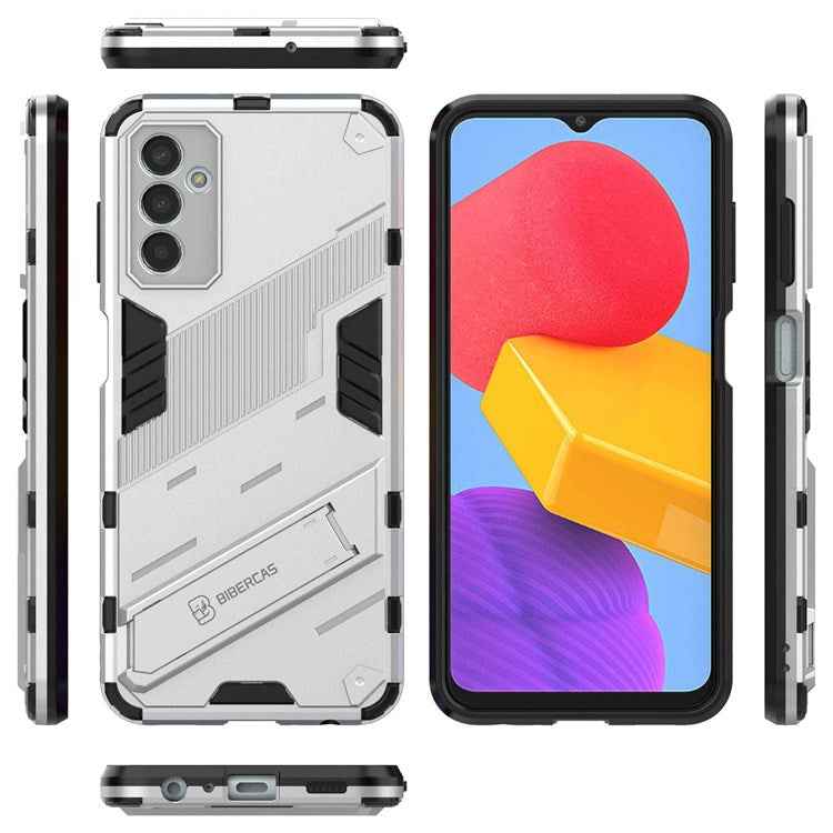 For Samsung Galaxy M13 4G Kickstand Protective Phone Case Drop-proof Hard PC Soft TPU Hybrid Cover - White