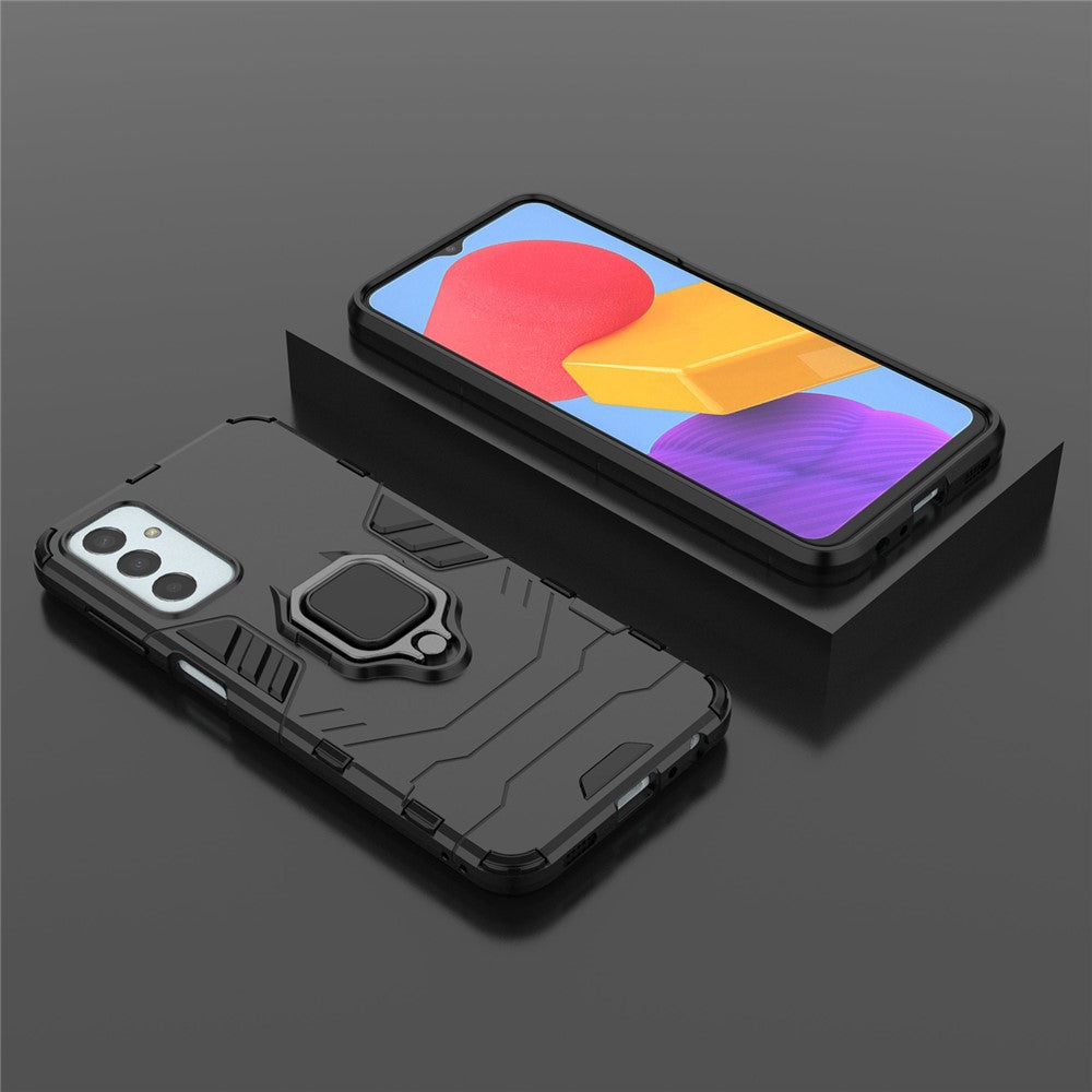 For Samsung Galaxy M13 4G Ring Holder Kickstand Hybrid PC + TPU Cover Shockproof Smart Phone Protective Case - Black