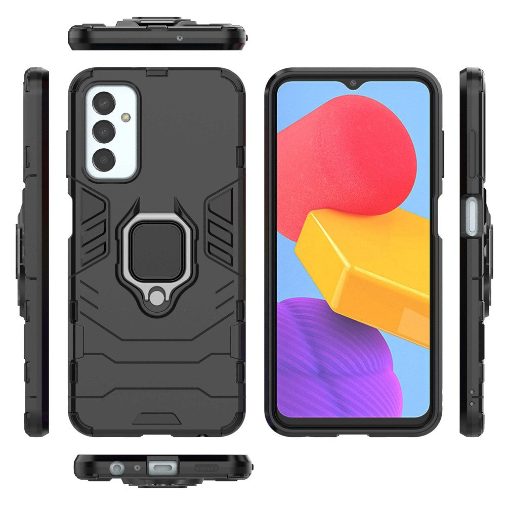 For Samsung Galaxy M13 4G Ring Holder Kickstand Hybrid PC + TPU Cover Shockproof Smart Phone Protective Case - Black