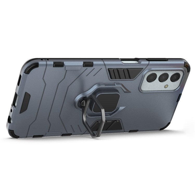 For Samsung Galaxy M13 4G Ring Holder Kickstand Hybrid PC + TPU Cover Shockproof Smart Phone Protective Case - Blue