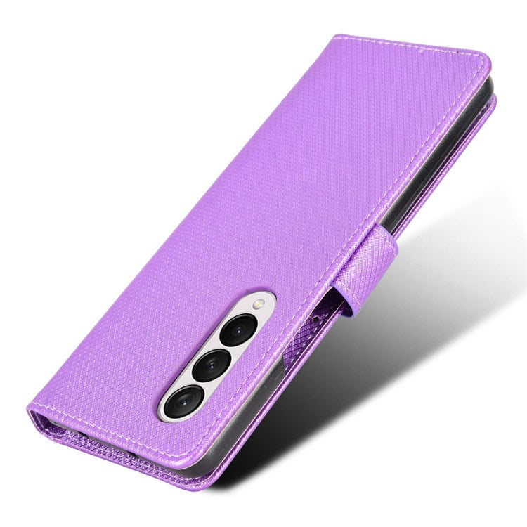 For Samsung Galaxy Z Fold4 5G Wallet Phone Case Diamond Texture Stand PU Leather Protective Folio Flip Cover - Purple