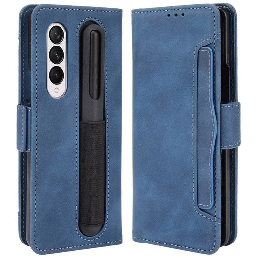 For Samsung Galaxy Z Fold4 5G Well-Protected Anti-Fall Pen Slot Phone Case PU Leather + TPU Phone Cover Multiple Card Slot Wallet Stand Design - Blue