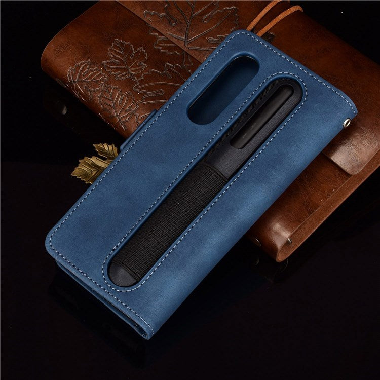 For Samsung Galaxy Z Fold4 5G Well-Protected Anti-Fall Pen Slot Phone Case PU Leather + TPU Phone Cover Multiple Card Slot Wallet Stand Design - Blue