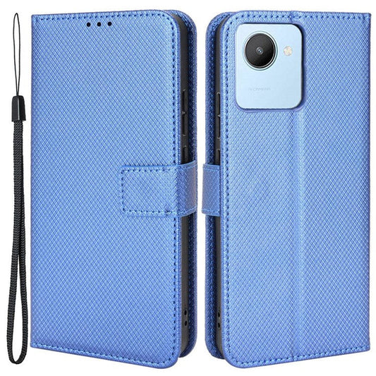 For Realme C30 4G Supporting Stand Wallet Phone Case Wrist Strap Diamond Texture PU Leather Phone Cover - Blue