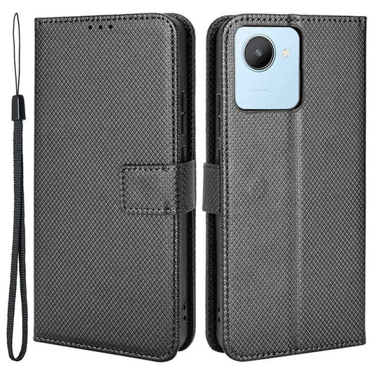 For Realme C30 4G Supporting Stand Wallet Phone Case Wrist Strap Diamond Texture PU Leather Phone Cover - Black